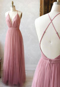 Simple Tulle Long Prom Dress, A Line Backless Evening Dress TP772