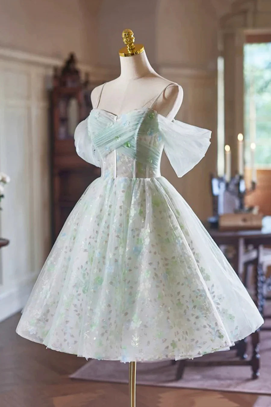 Green Tulle Knee Length A-Line Party Dress, Lovely Off the Shoulder Evening Dress TP782