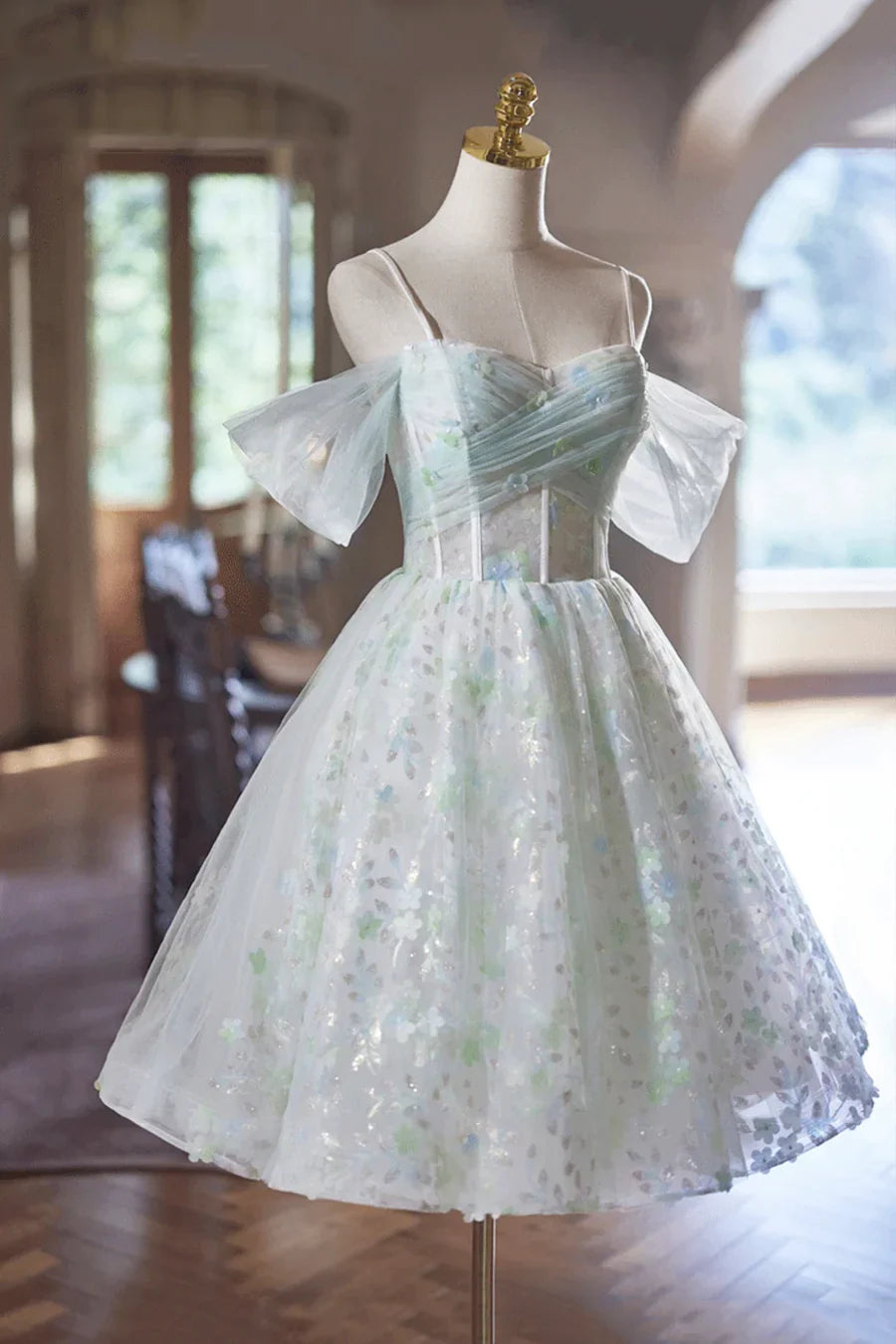 Green Tulle Knee Length A-Line Party Dress, Lovely Off the Shoulder Evening Dress TP782