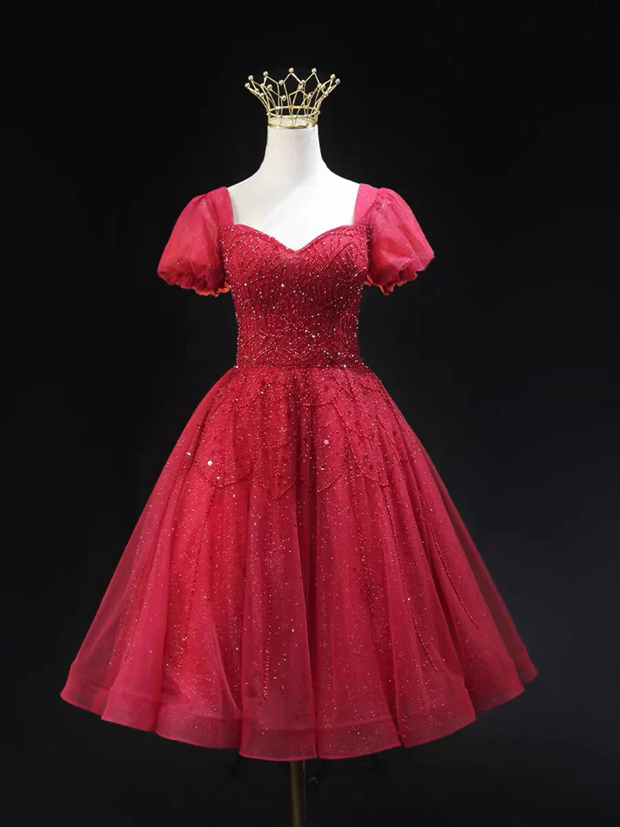 Burgundy Tulle Beaded Knee Length Party Dress, A-Line Short Sleeve Evening Party Dress TP788