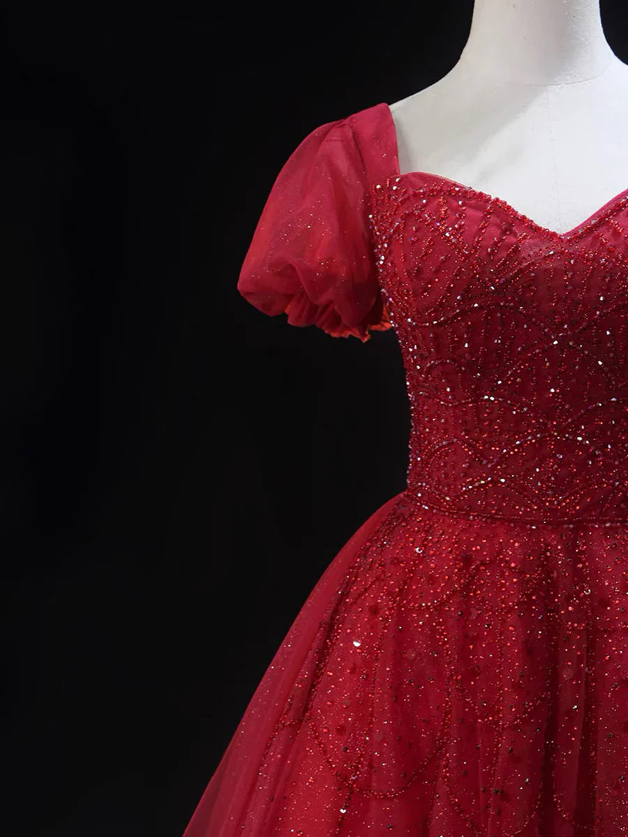 Burgundy Tulle Beaded Knee Length Party Dress, A-Line Short Sleeve Evening Party Dress TP788