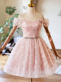 Pink Tulle Knee Length Prom Dress, Lovely Off the Shoulder Evening Party Dress TP795