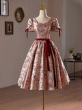 A-Line Floral Satin Short Prom Dress, Cute Short Sleeve Evening Homecoming Dress TP810