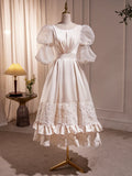 Beautiful Scoop Neck Tea Length Prom Dress, A-Line Puffy Short Sleeve Backless Party Dress TP832