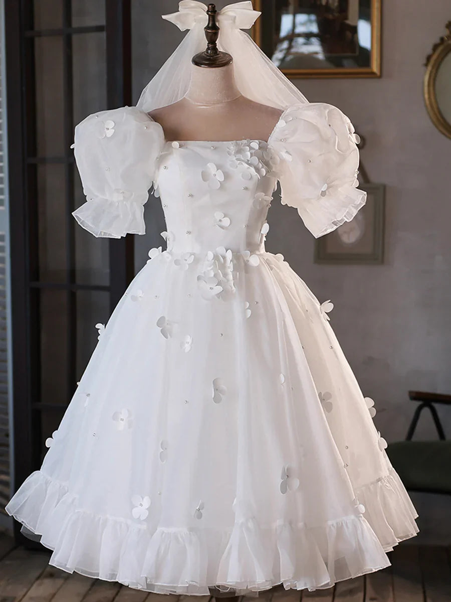 Chic White Puff-Sleeve Square-Neck Tulle Mini 3D Floral Evening Dress TP846