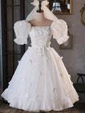 Chic White Puff-Sleeve Square-Neck Tulle Mini 3D Floral Evening Dress TP846