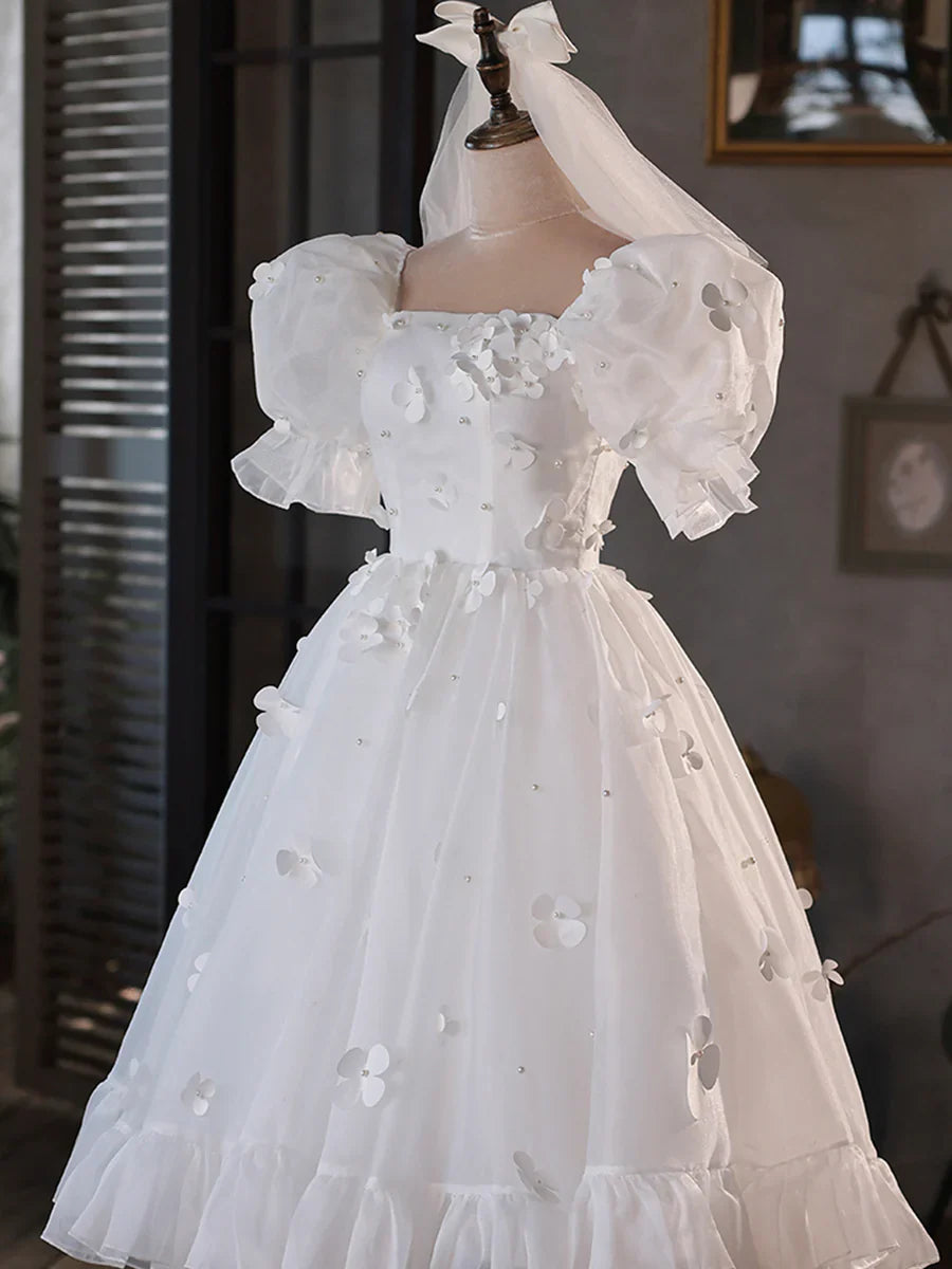 Chic White Puff-Sleeve Square-Neck Tulle Mini 3D Floral Evening Dress TP846