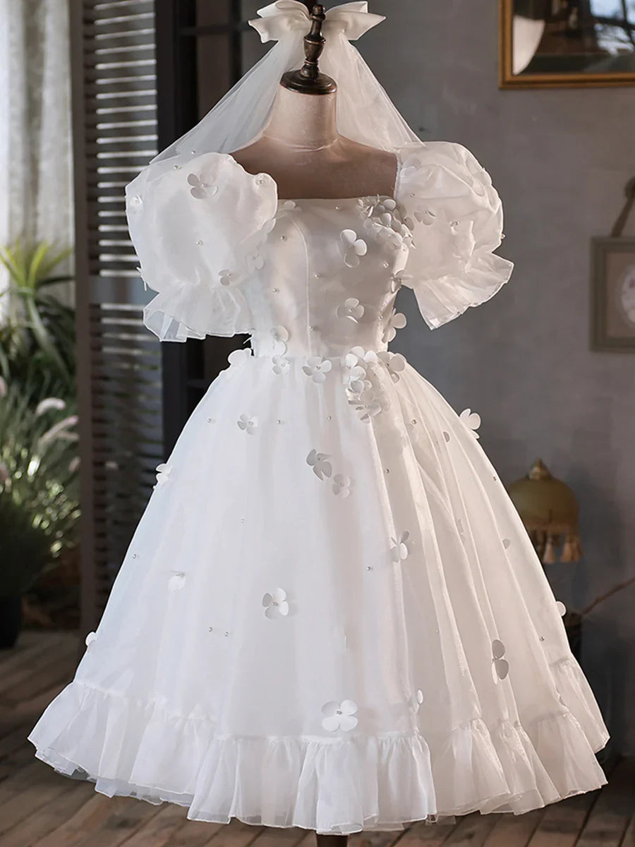 Chic White Puff-Sleeve Square-Neck Tulle Mini 3D Floral Evening Dress TP846