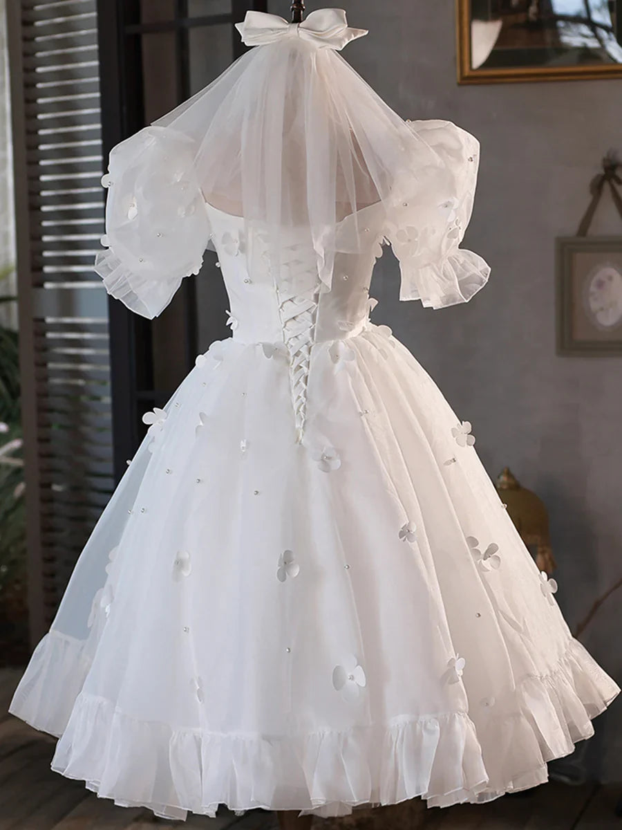 Chic White Puff-Sleeve Square-Neck Tulle Mini 3D Floral Evening Dress TP846