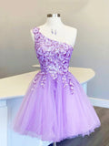 Cute Tulle Sequins Short Prom Dress, Purple One Shoulder Party Dress TP854