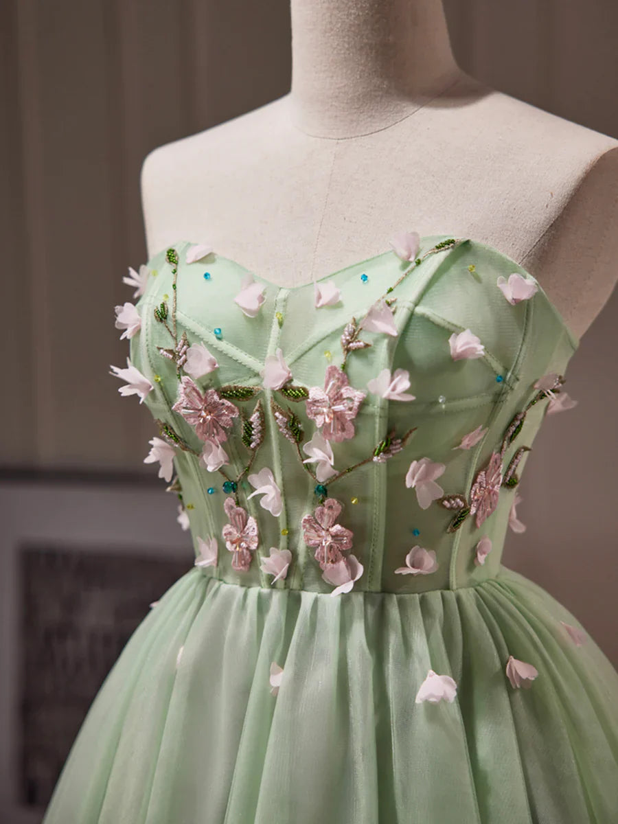 Green Tulle Beaded Party Dress, Green Short Prom Dress with Flowers TP857