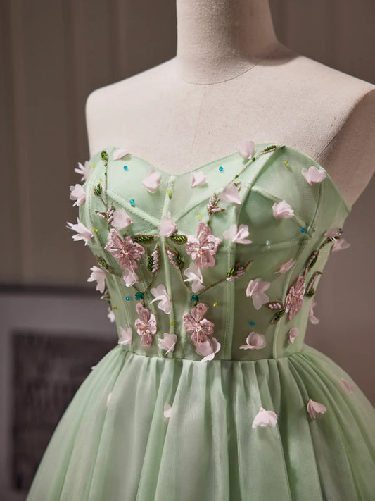 Green Tulle Beaded Party Dress, Green Short Prom Dress with Flowers TP857