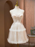 Champagne Spaghetti Strap Party Dress, Cute A-Line Evening Dress with Pearls TP862