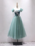Green Velvet Tulle Tea Length Prom Dress, Cute A-Line Party Dress with Lace TP866