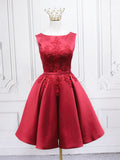 Burgundy Satin Lace Short Prom Dress, A-Line Homecoming Dress TP867