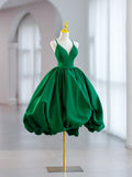 Green V-Neck Satin Short Prom Dress, A-Line Green Evening Dress TP869