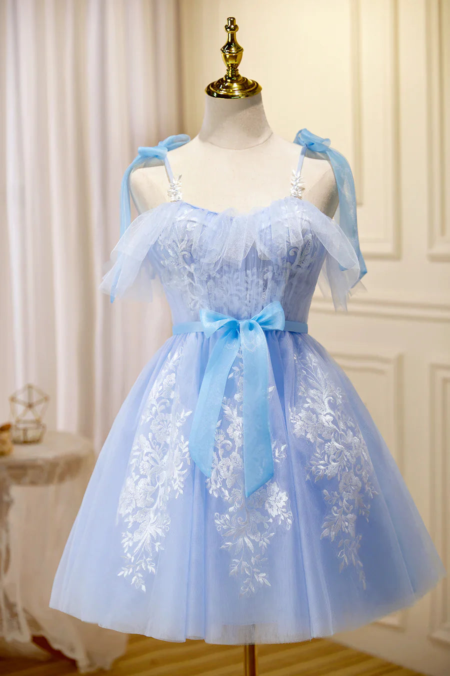 Blue Lace Knee Length Prom Dress, Lovely A-Line Homecoming Dress TP877