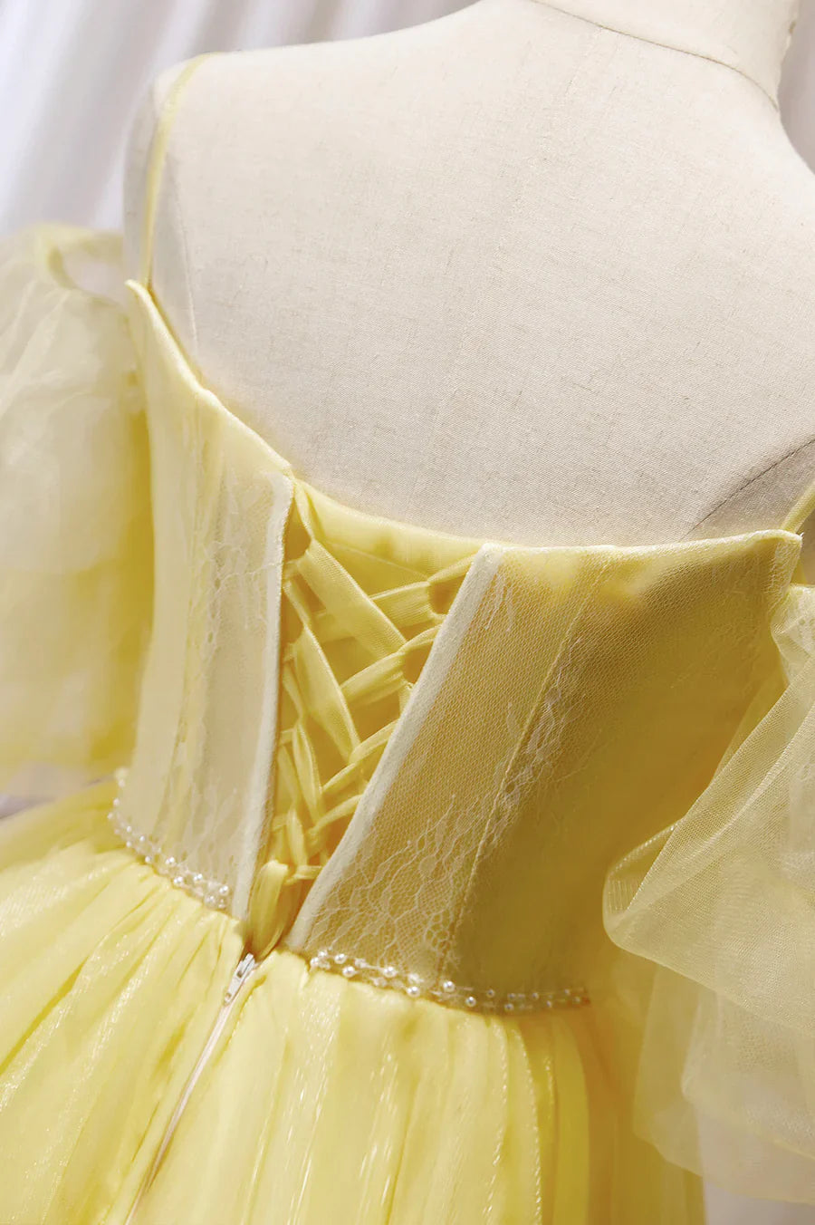 Yellow Lace Short Prom Dress, Off the Shoulder Homecoming Dress TP881