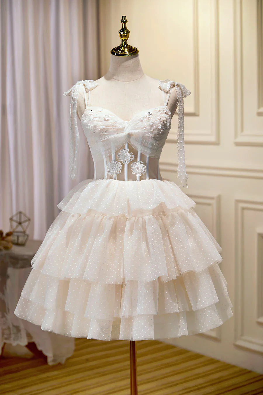 Champagne Lace Short Party Dress, A-Line Spaghetti Strap Evening Dress TP882