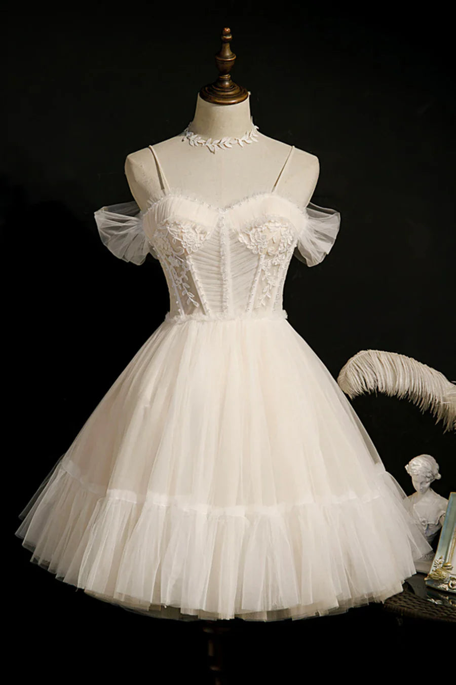Cute Spaghetti Strap Lace Short Party Dresses, A-Line Evening Dresses TP888