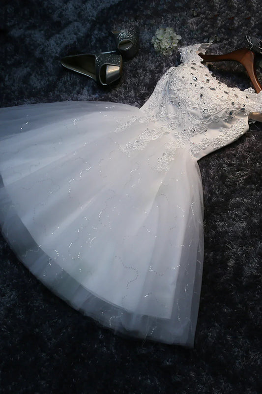 Cute Lace Short A-Line Prom Dresses, Off the Shoulder Party Dresses TP900
