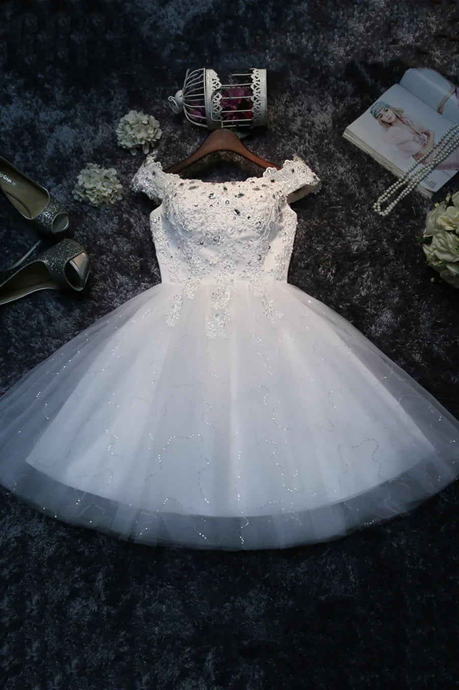 Cute Lace Short A-Line Prom Dresses, Off the Shoulder Party Dresses TP900