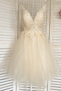 Champagne V-Neck Lace Short Prom Dresses, A-Line Mini Party Dresses TP911