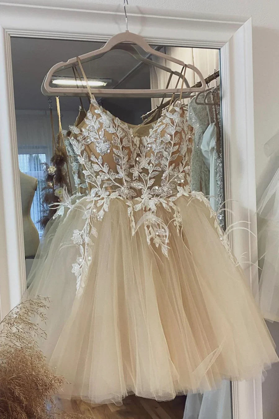 Champagne Spaghetti Lace Short Prom Dresses, A-Line Party Dresses TP912