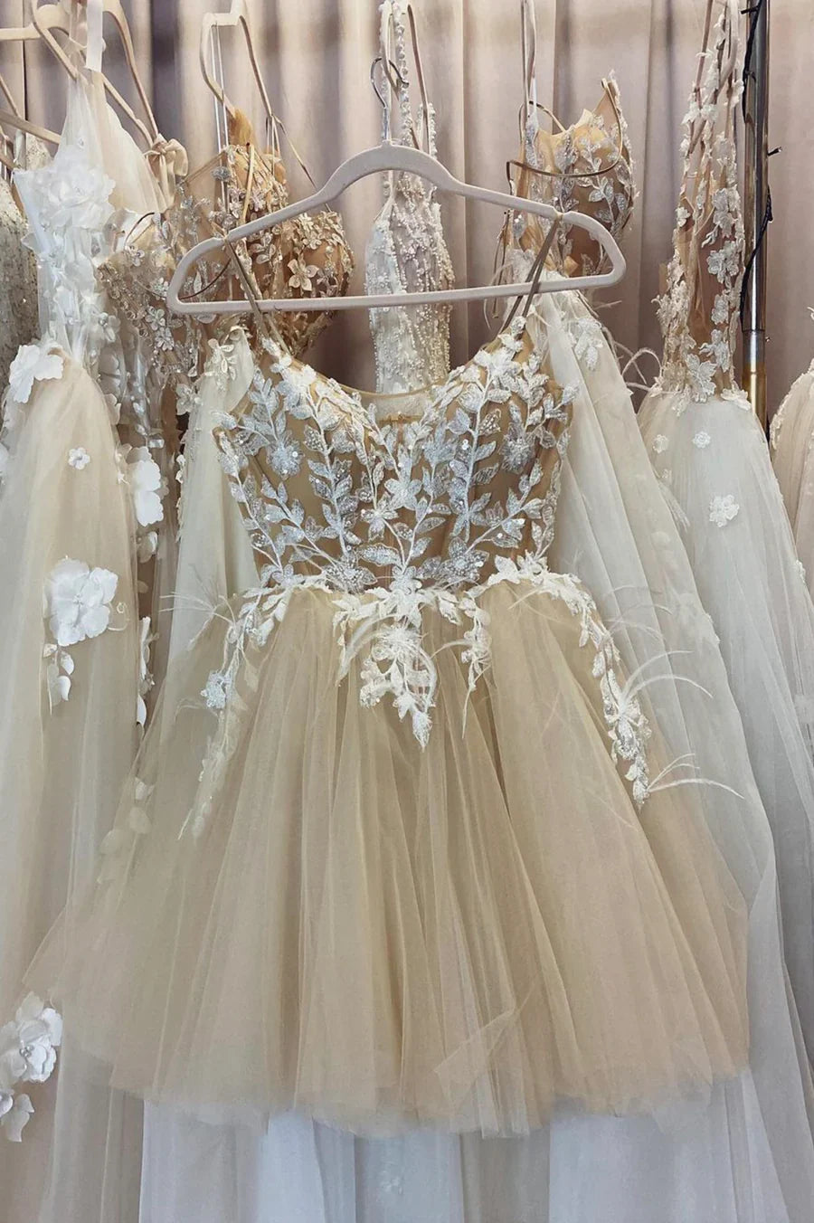 Champagne Spaghetti Lace Short Prom Dresses, A-Line Party Dresses TP912