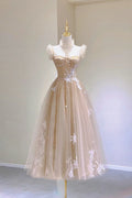 Champagne Lace Tea Length Prom Dresses, A-Line Evening Dresses TP914