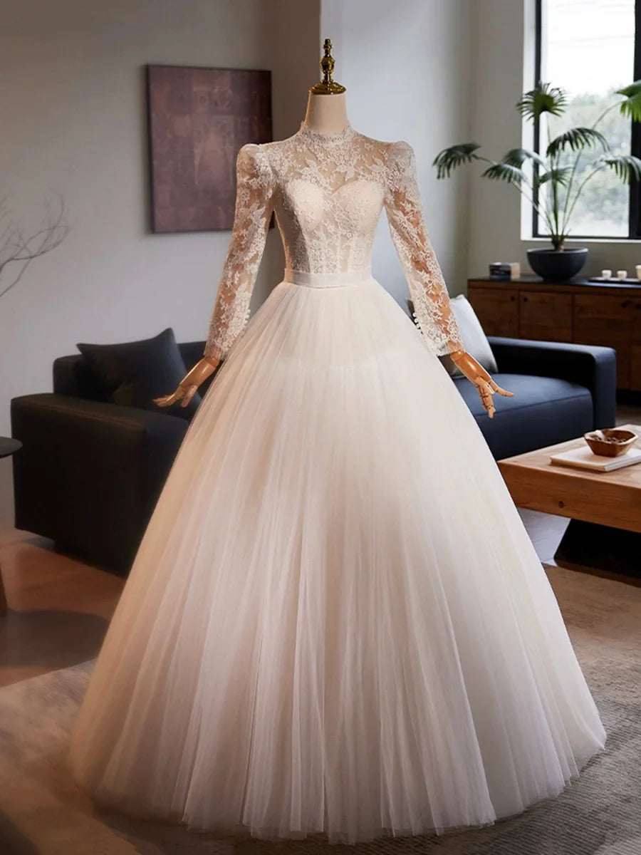White Tulle Lace Floor Length A-Line Beautiful Long Sleeve Wedding Dress TP930