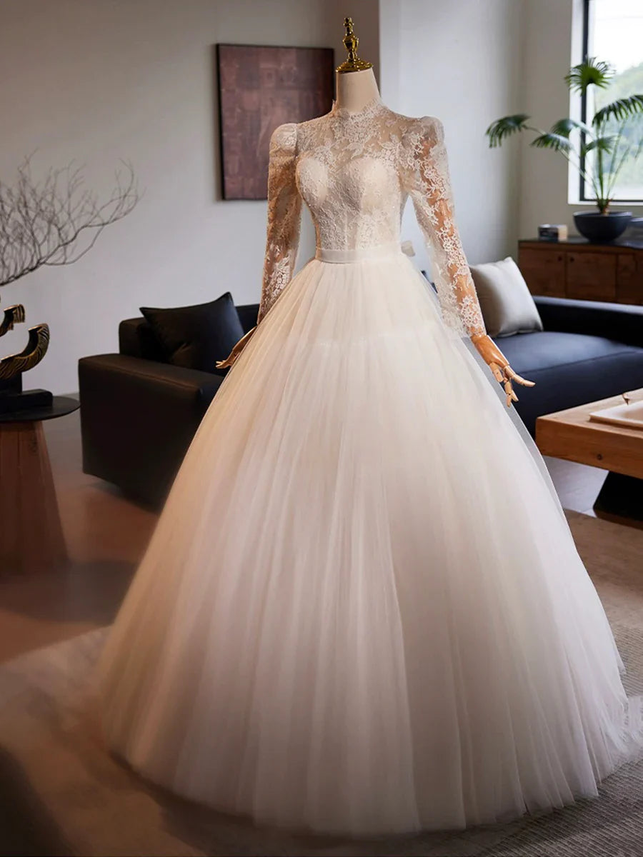White Tulle Lace Floor Length A-Line Beautiful Long Sleeve Wedding Dress TP930