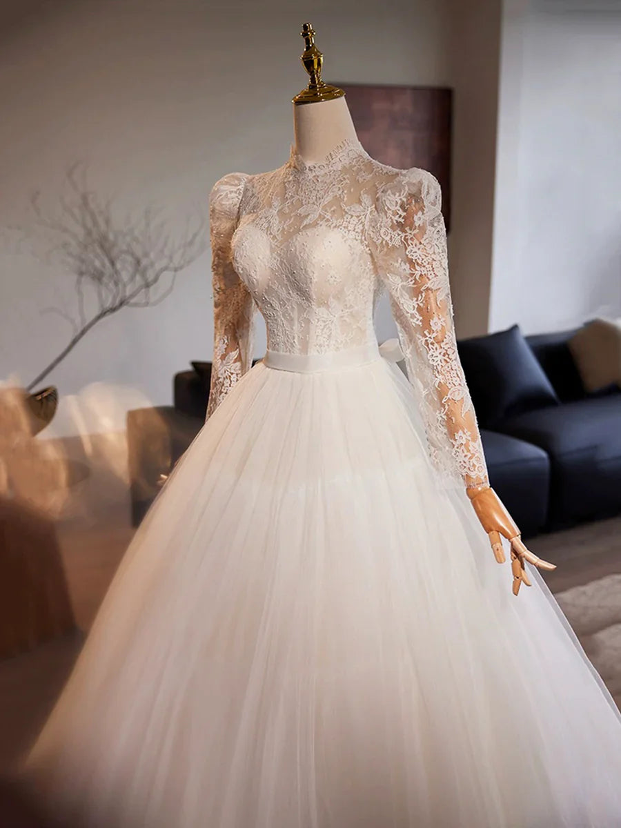 White Tulle Lace Floor Length A-Line Beautiful Long Sleeve Wedding Dress TP930