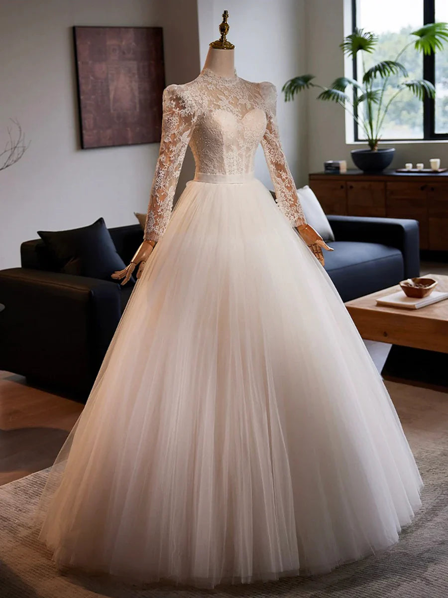 White Tulle Lace Floor Length A-Line Beautiful Long Sleeve Wedding Dress TP930