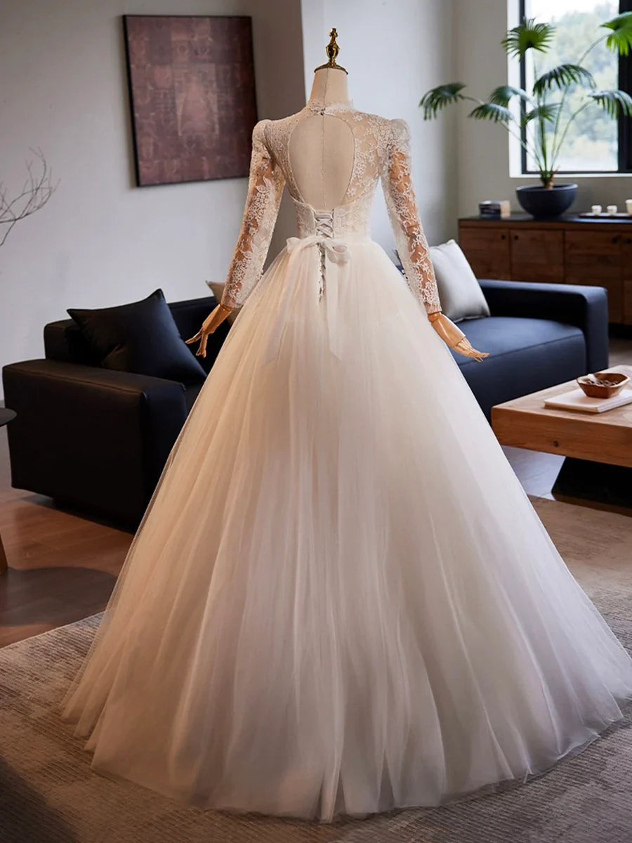 White Tulle Lace Floor Length A-Line Beautiful Long Sleeve Wedding Dress TP930