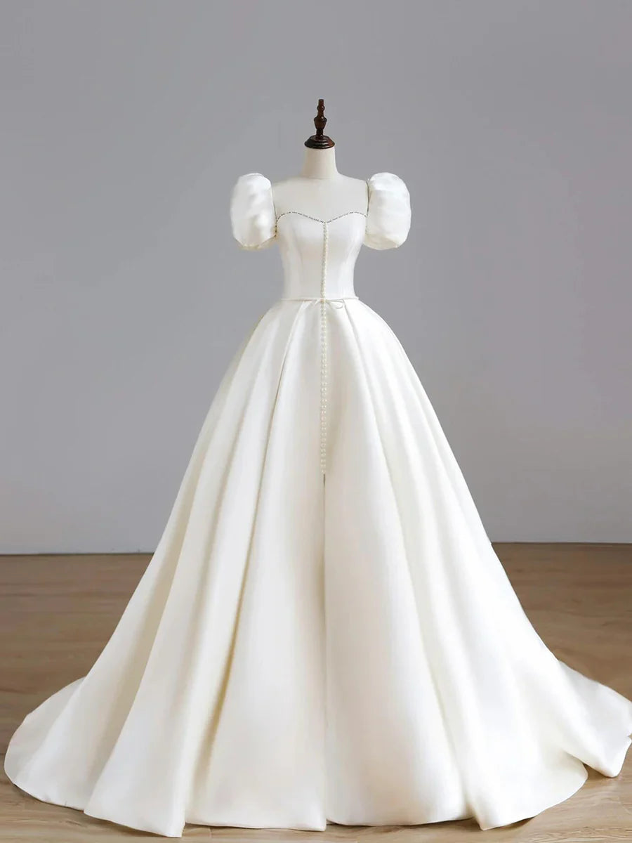 White Satin Long Elegant Short Sleeve Wedding Dress TP931