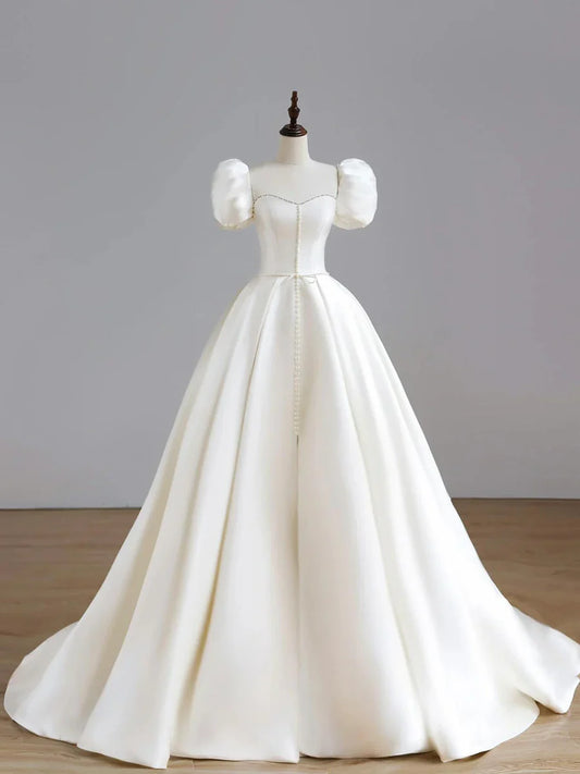 White Satin Long Elegant Short Sleeve Wedding Dress TP931