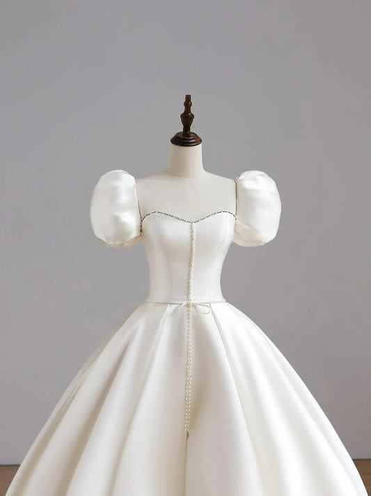 White Satin Long Elegant Short Sleeve Wedding Dress TP931