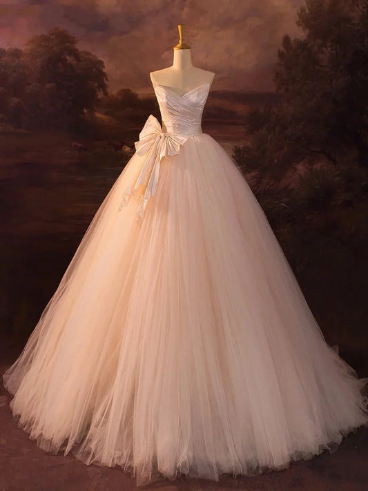 Vintage Pink Strapless Tulle Long Beautiful A-Line Wedding Dress TP932