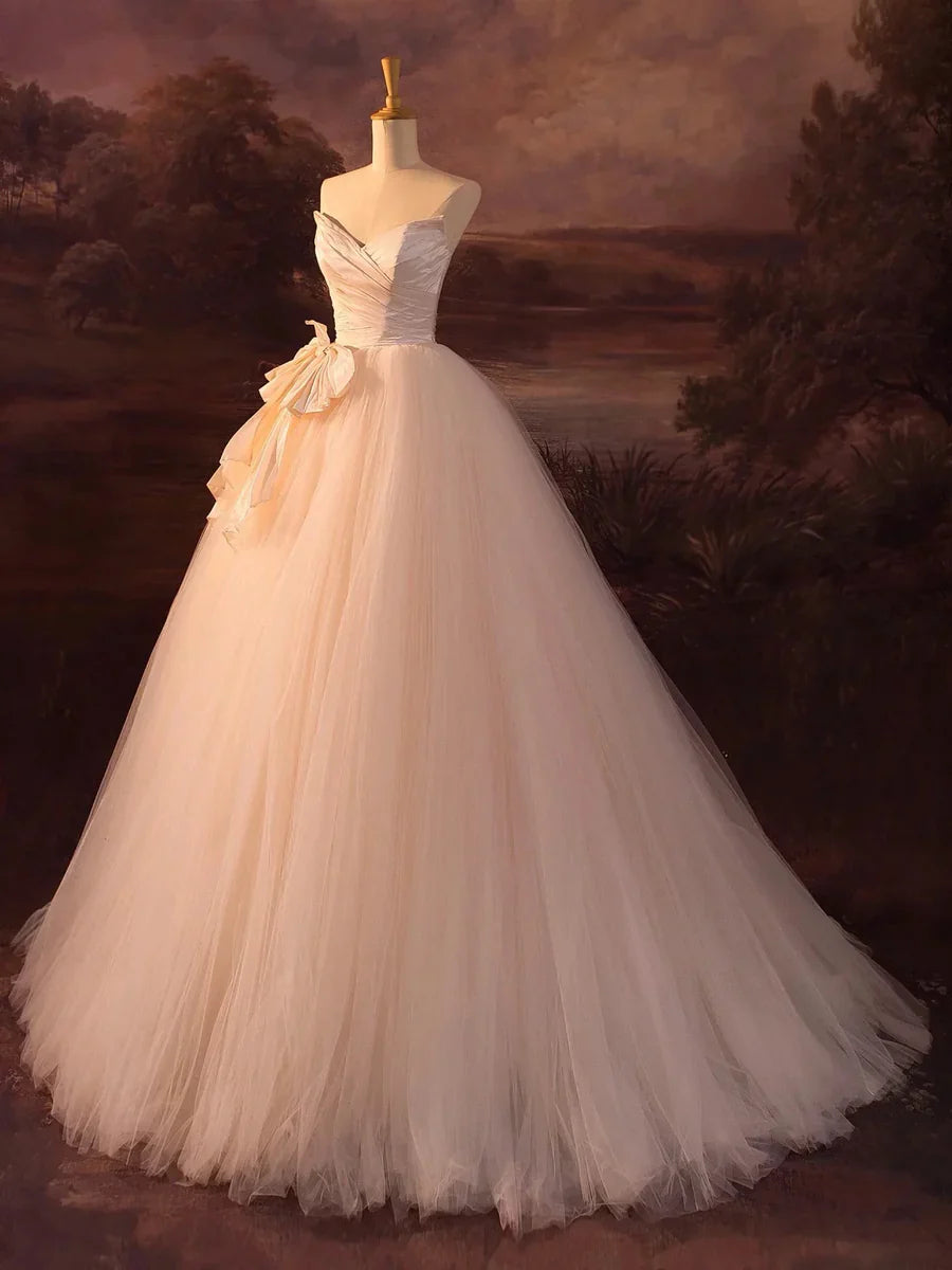 Vintage Pink Strapless Tulle Long Beautiful A-Line Wedding Dress TP932