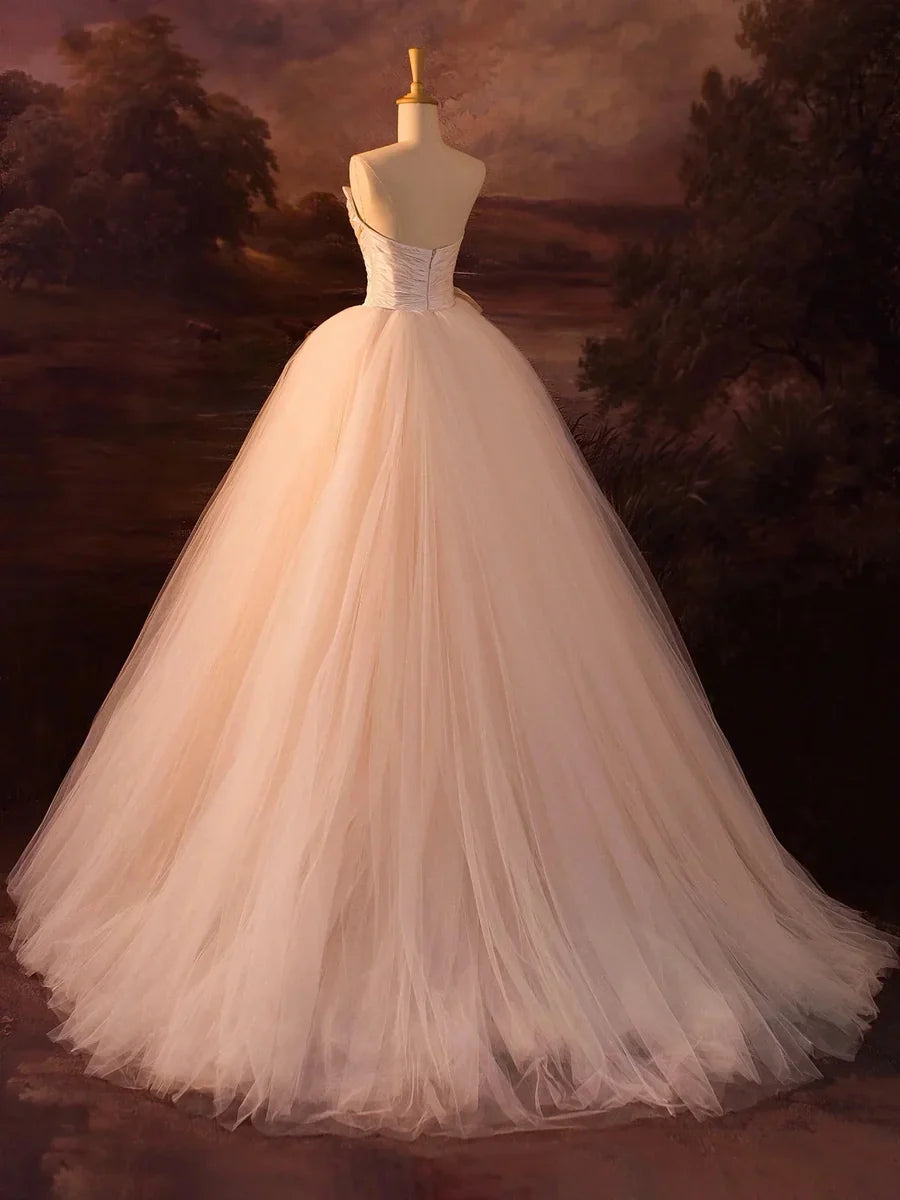Vintage Pink Strapless Tulle Long Beautiful A-Line Wedding Dress TP932