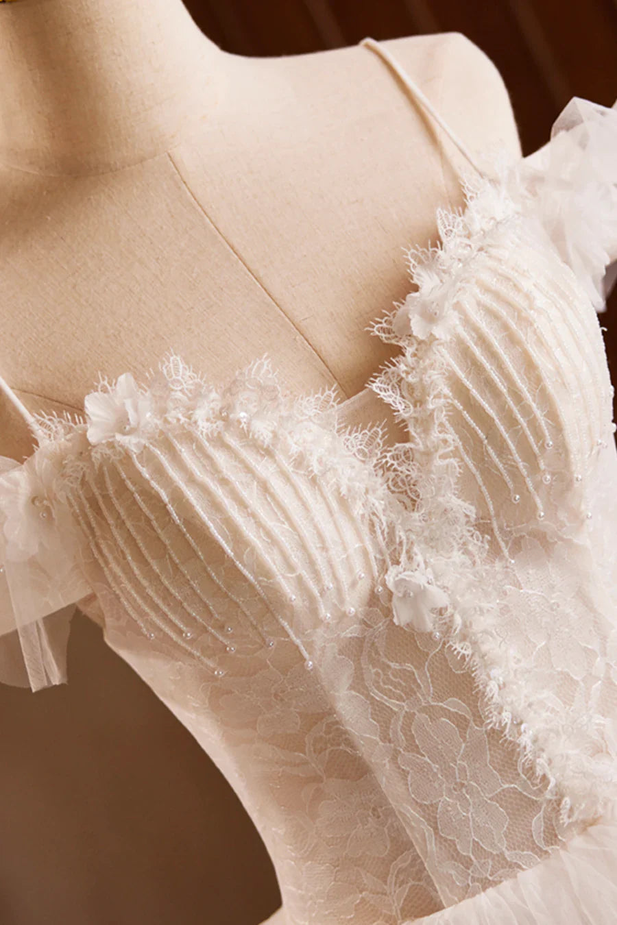 Vintage A-Line Spaghetti Strap Lace Beaded Light Champagne Floor Length Formal Wedding Dress TP933