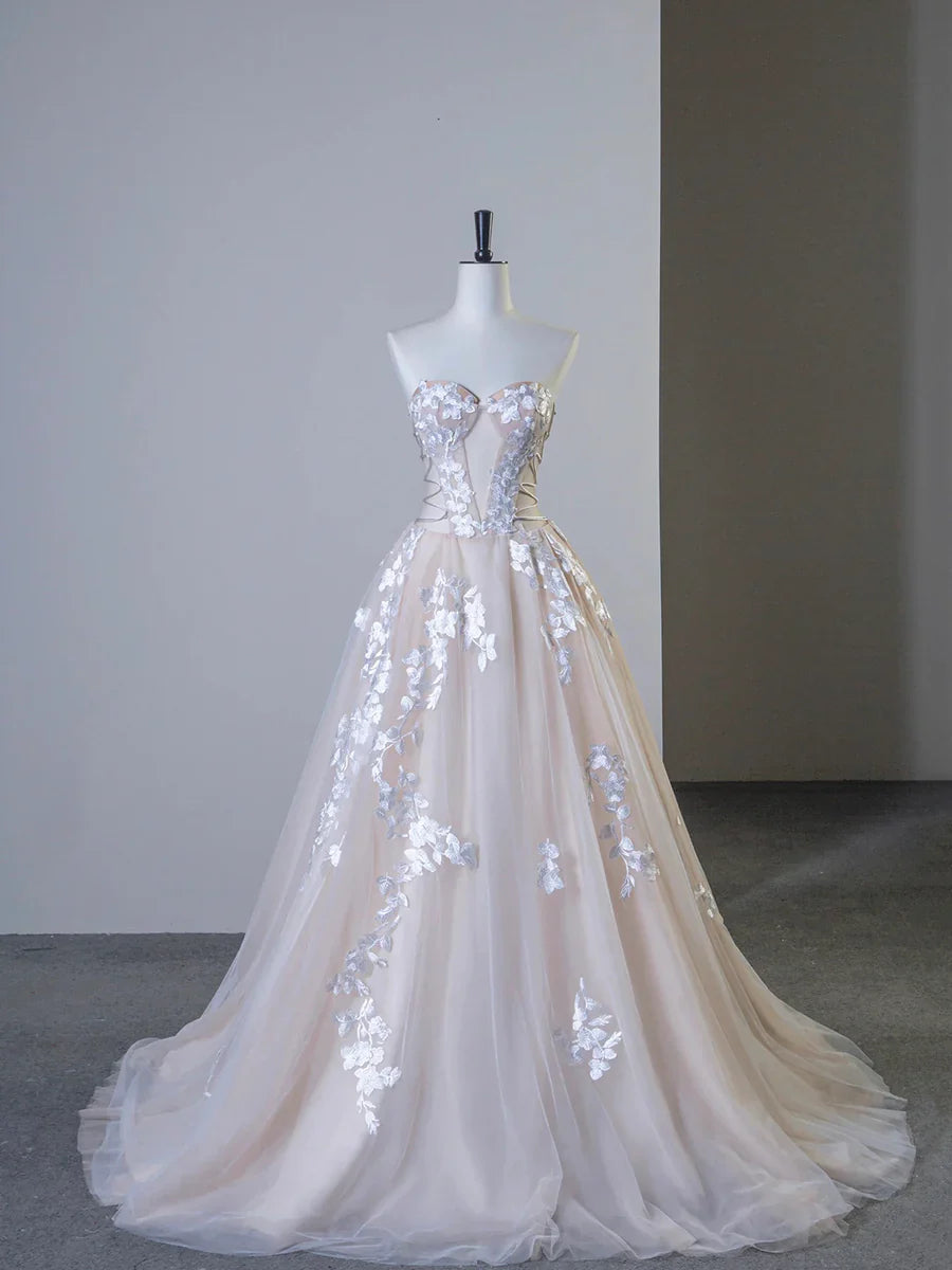Glamorous Tulle Lace Long Elegant Strapless A-Line Wedding Dress TP935