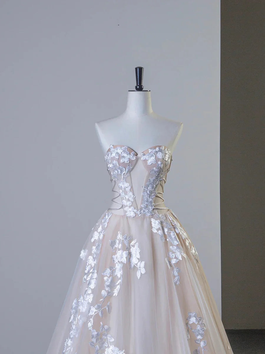 Glamorous Tulle Lace Long Elegant Strapless A-Line Wedding Dress TP935