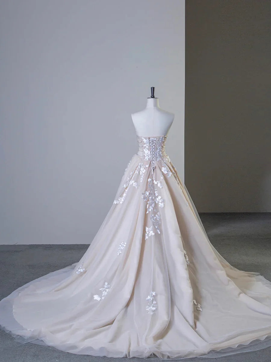 Glamorous Tulle Lace Long Elegant Strapless A-Line Wedding Dress TP935