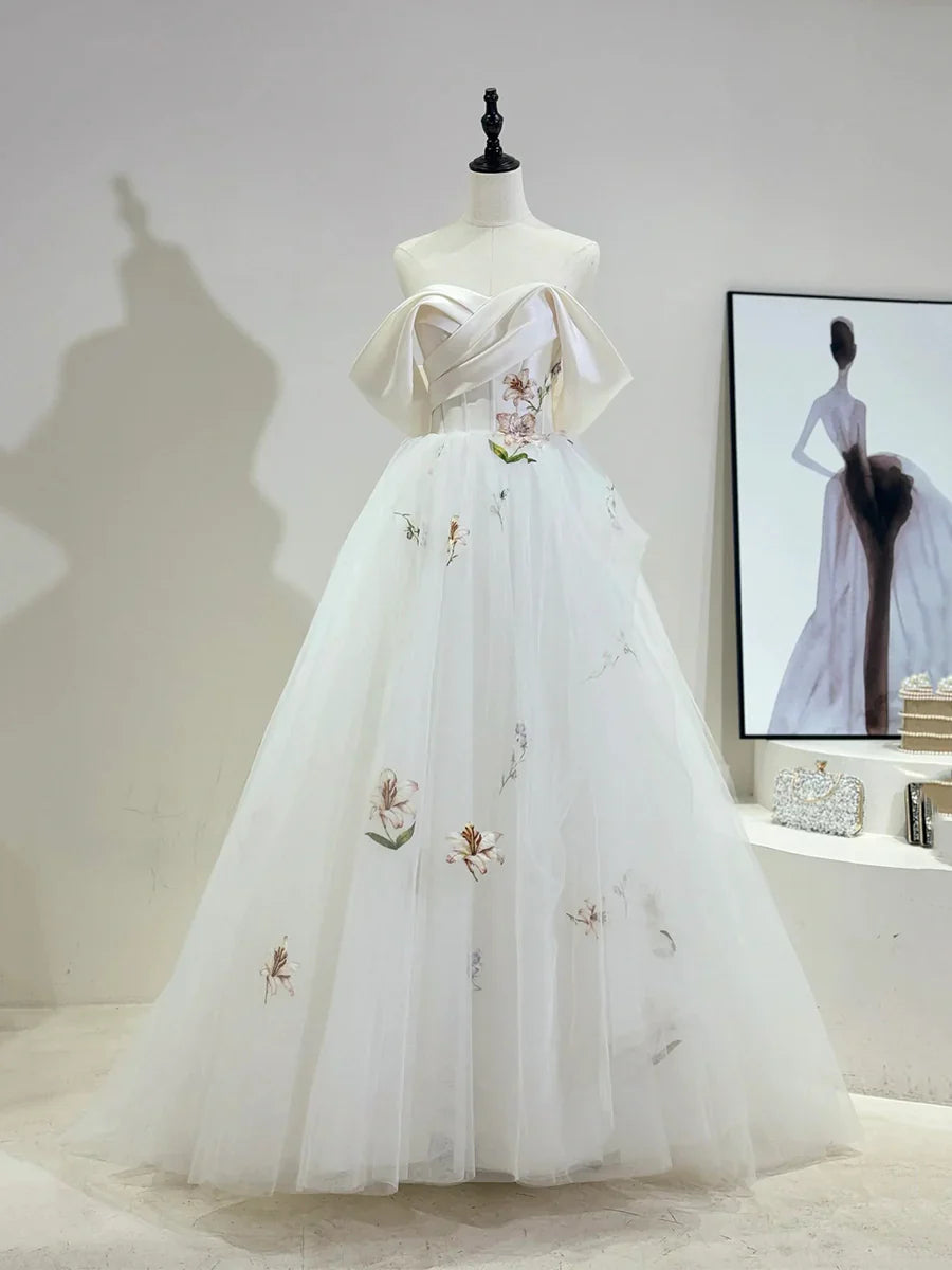 Beautiful Tulle Floral Lace Long Off-the-Shoulder Wedding Dress TP936