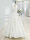 Elegant White V-Neck Satin Long A-Line Wedding Dress TP937