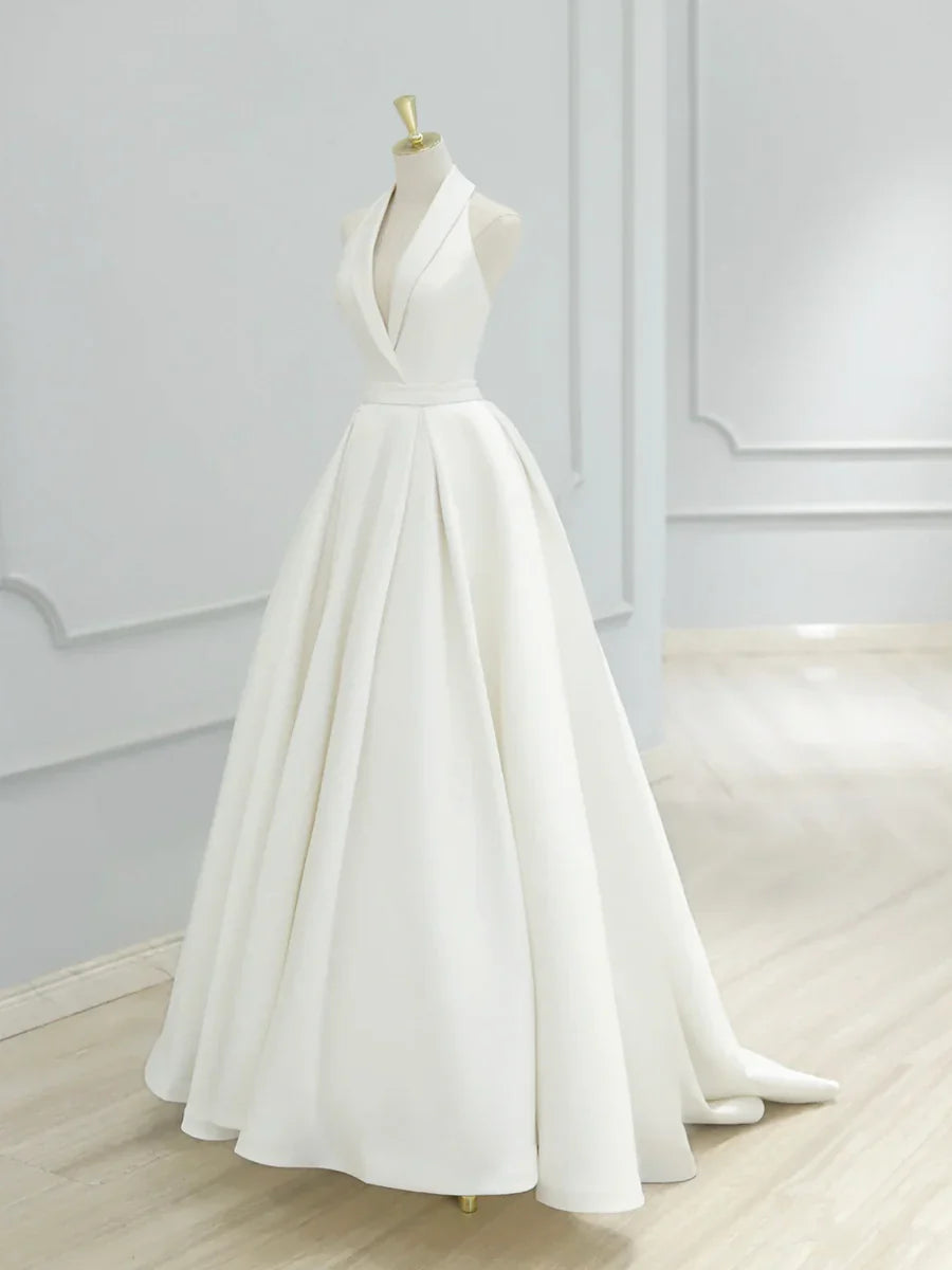 Elegant White V-Neck Satin Long A-Line Wedding Dress TP937