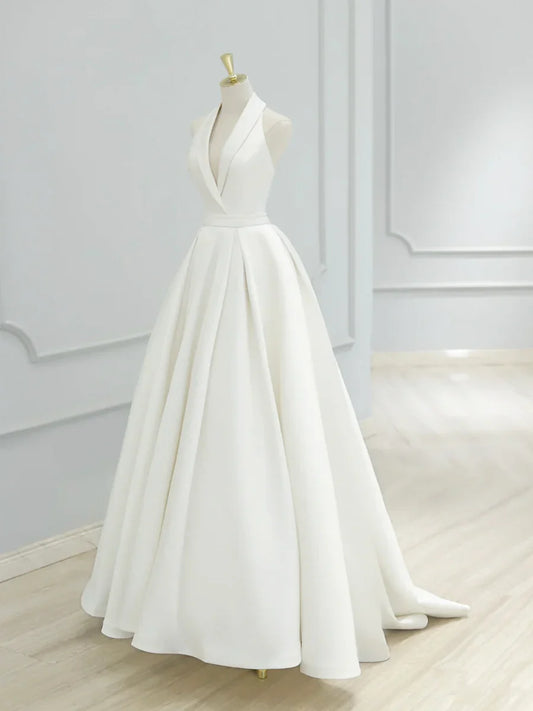 Elegant White V-Neck Satin Long A-Line Wedding Dress TP937