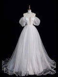 White Tulle Long Off-the-Shoulder Short Sleeve Wedding Dress TP938